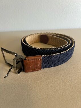 Tommy Bahama Navy and Tan Woven Reversible  Belt with Brown Leather Tab Closures